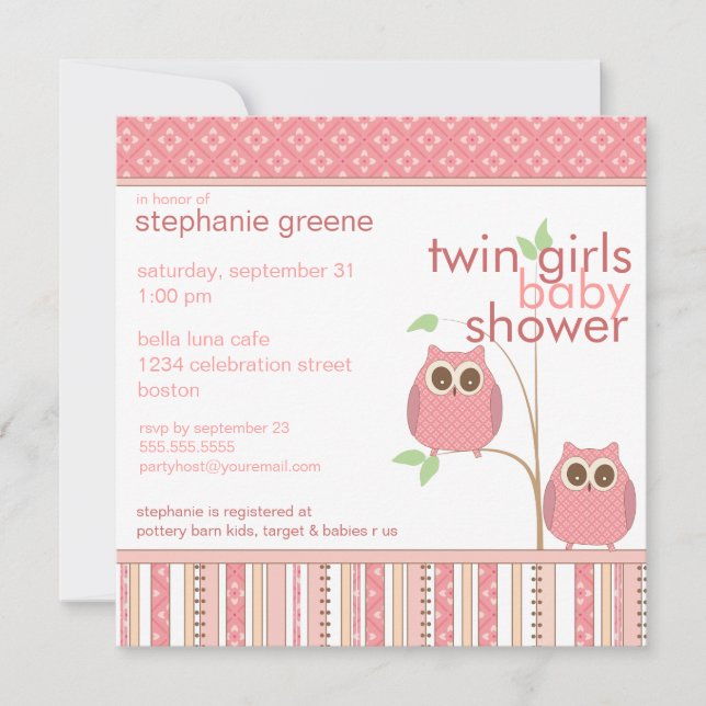 Twin Girls Baby Owl PInk Baby Dusche Einladung (Vorderseite)