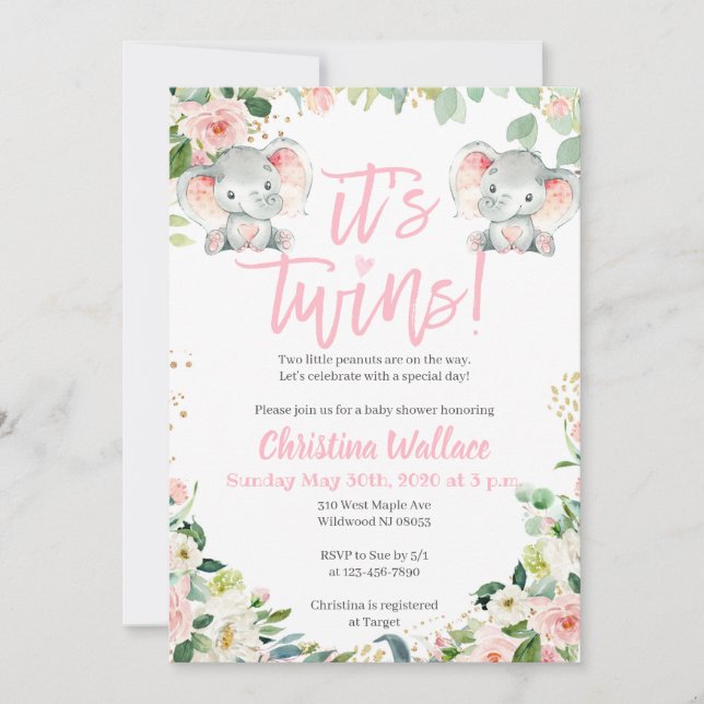 Twin Girls Baby Shower Einladungen mit Elefanten (Vorderseite)