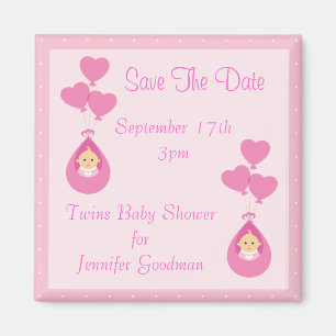 Twin Girls & Balloons Save the Date Babydusche Magnet