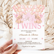 Twin Girls Bear Pink Balloons Babydusche