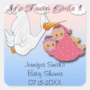 Twin Girls BH - Stork Baby Shower Gefallen Aufkleb Quadratischer Aufkleber