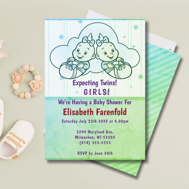 Twin Girls Cloud Baby Shower in Green Einladung (Expecting Twin Girls Cloud Baby Shower in Green Invitation)