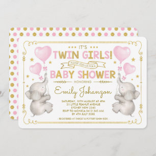 Twin Girls Elephant Baby Dusche Pink Gold Jungle Einladung