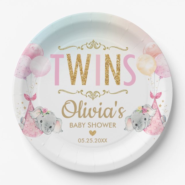 Twin Girls Elephant Baby Dusche Sprinkle Whimsical Pappteller (Vorderseite)