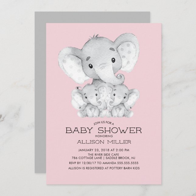 TWIN Girls Elephant Baby Shower Einladung (Vorne/Hinten)