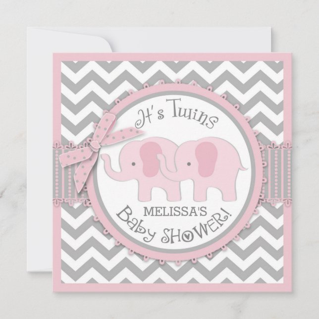 Twin Girls Elephants Zickzack Print Baby Shower Einladung (Vorderseite)