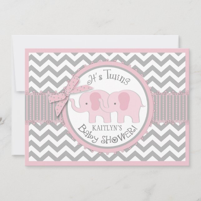 Twin Girls Elephants Zickzack Print Baby Shower Einladung (Vorderseite)