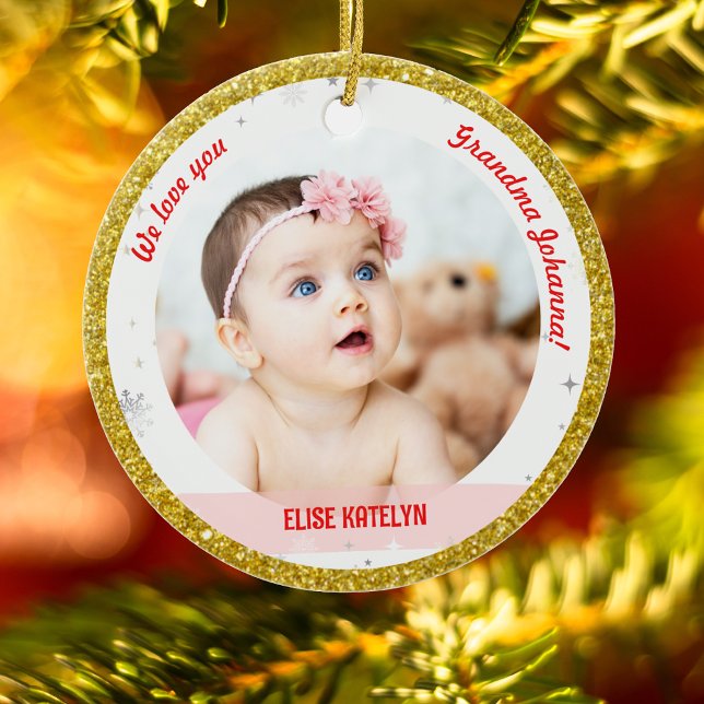 Twin Girls Foto Oma Niedlich First Christmas Baby Keramik Ornament (Modern We love you, Grandma! First Christmas as Grandmother of Twin Baby Girls 2 Photos Faux Glitter)
