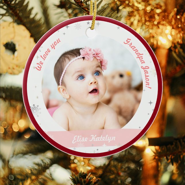 Twin Girls Foto Opa Niedlich Erstes Weihnachtskind Keramik Ornament (Modern Elegant First Christmas Baby Twins Girls We love you Grandpa Grandfather 2 Photos Snowflakes)
