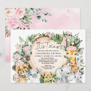 Twin Girls Jungle Safari Party Animals Baby Dusche Einladung