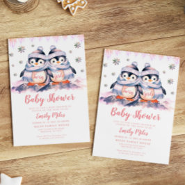 Twin Girls Pink Baby Dusche Pinguin Einladung