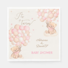 Twin Girls Pink Bear Balloons Babydusche Serviette