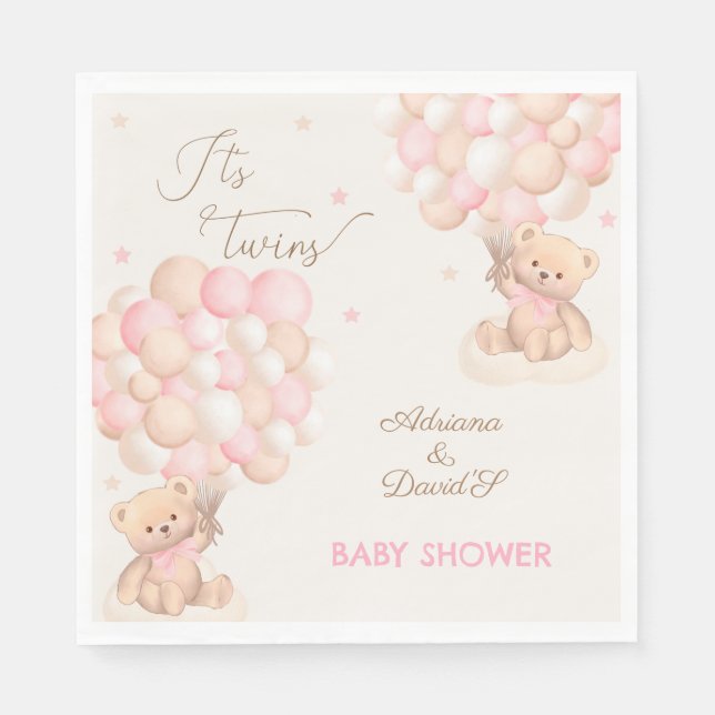 Twin Girls Pink Bear Balloons Babydusche Serviette (Vorderseite)