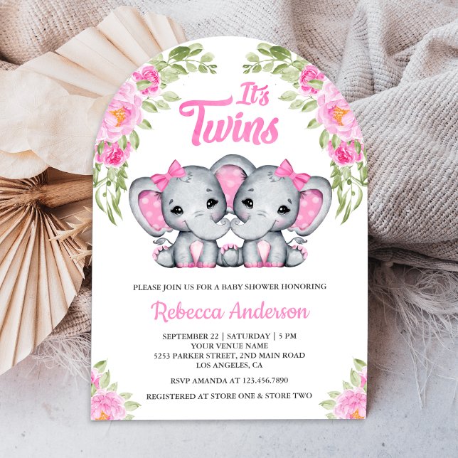 Twin Girls Pink Floral Elephant Arch Baby Dusche Einladung (Von Creator hochgeladen)