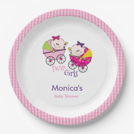 Twin Girls Pink Gingham Baby Shower Paper Plate Pappteller