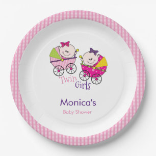 Twin Girls Pink Gingham Baby Shower Paper Plate Pappteller