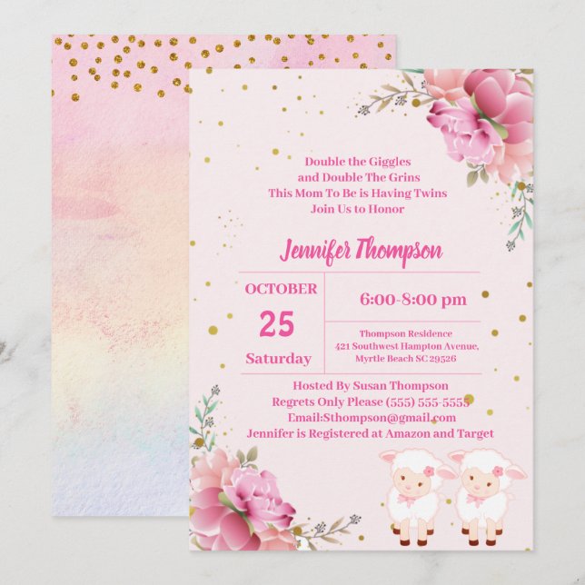 Twin Girls Pink Lambs Einladung (Vorne/Hinten)