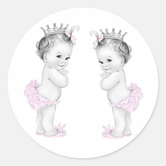 Twin Girls Pink Princess Baby Shower Stickers (Vorderseite)