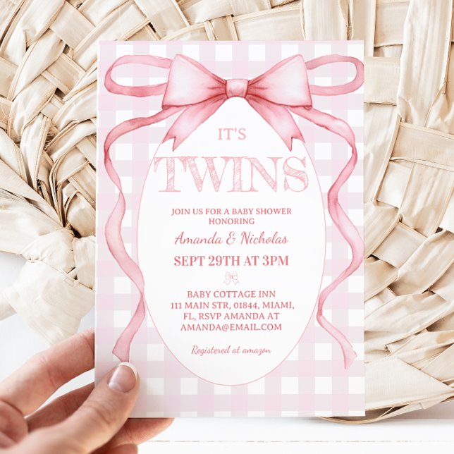 Twin Girls Pink Ribbon Bow Vintag Niedlich Einladung (Von Creator hochgeladen)