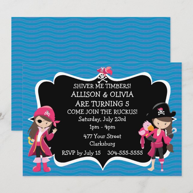 Twin Girls Pirate Birthday Party Einladung (Vorne/Hinten)