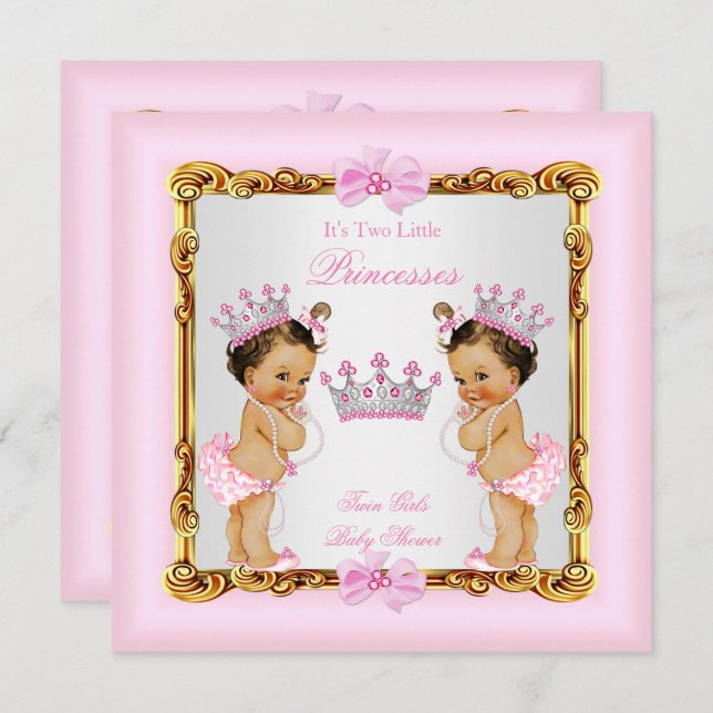 Twin Girls Princess Baby Dusche Gold Pink Brünett Einladung (Vorne/Hinten)