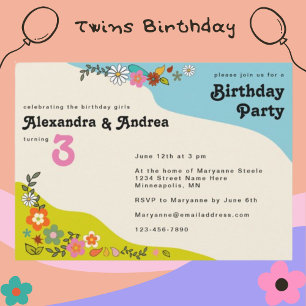 Twin Girls Retro 70's Floral Geburtstagsparty Invi Einladung