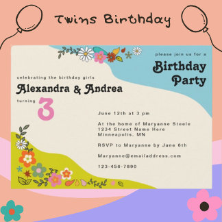 Twin Girls Retro 70's Floral Geburtstagsparty Invi Einladung