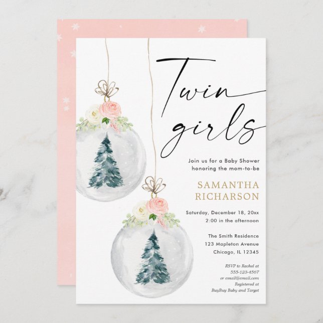 Twin Girls rosa Goldene Weihnachtsdusche Einladung (Vorne/Hinten)