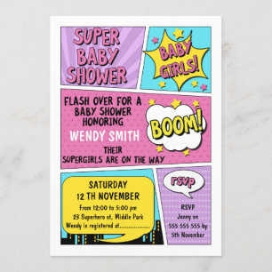 Twin Girls Superhero Kinderdusche Einladung