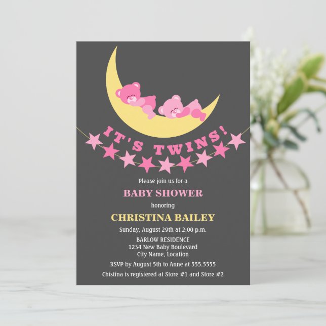 Twin Girls Teddy Bear Babydusche Einladung (Stehend Vorderseite)