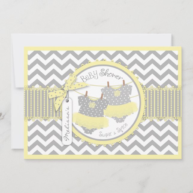 Twin Girls Tutus Zickzack Print Baby Dusche Einladung (Vorderseite)