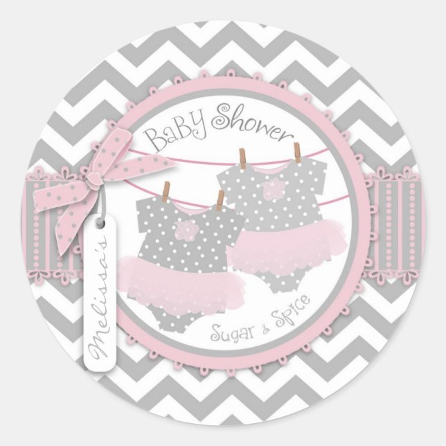 Twin Girls Tutus Zickzack Print Baby Dusche Runder Aufkleber (Vorderseite)