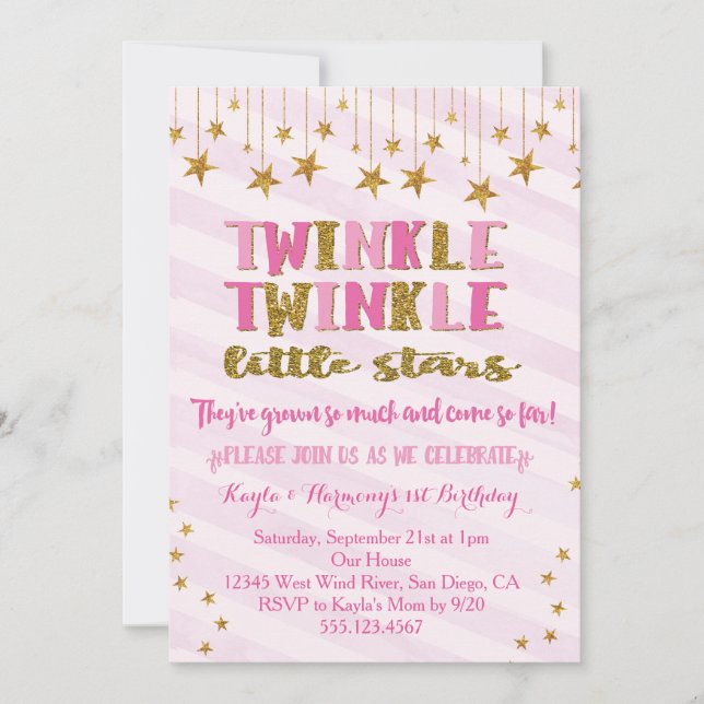 Twin Girls Twinkle Twinkle Little Star Einladung (Vorderseite)