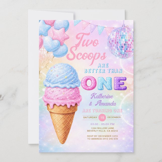 Twin Glitter Pastel Rainbow Ice Cream Birthday Einladung (Vorderseite)