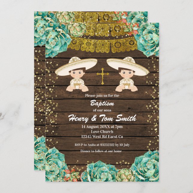 Twin Gold Glitzer Fiesta Boy Taufe Christening Einladung (Vorne/Hinten)