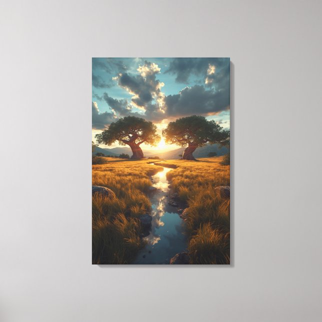 Twin Guardians – Golden Meadow Sunset Canvas Print Leinwanddruck (Vorderseite)