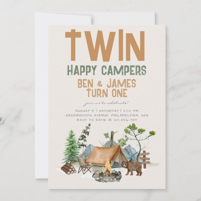 Twin Happy Camper Watercolor Woodland 1. Geburtsta Einladung (Vorderseite)