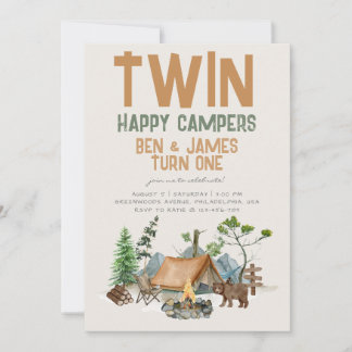 Twin Happy Camper Watercolor Woodland 1. Geburtsta Einladung