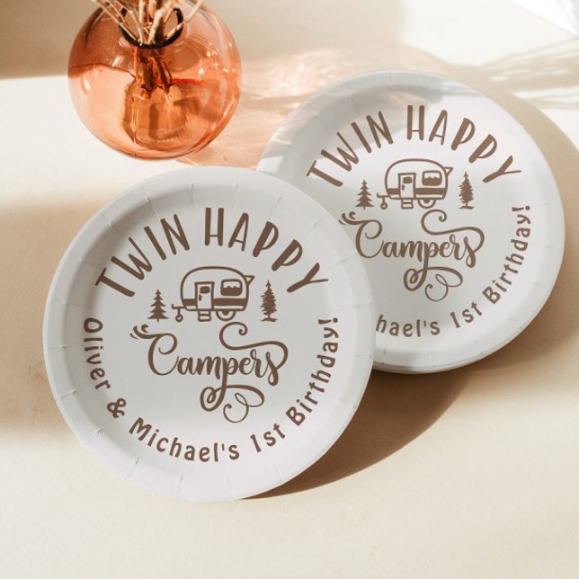 Twin Happy Campers braun minimalistisch 1. Geburts Pappteller (Von Creator hochgeladen)