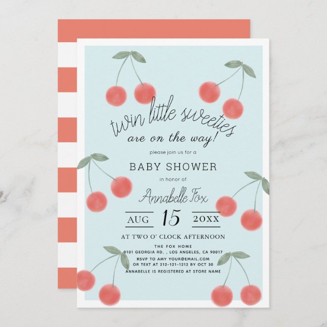 Twin Little Sweeties Cherries Blue Baby Dusche Einladung (Vorne/Hinten)