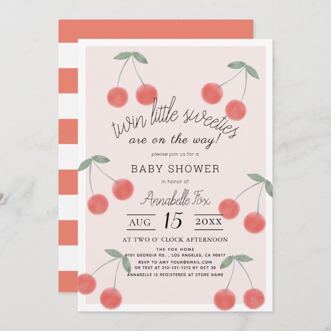 Twin Little Sweeties Cherries Pink Baby Dusche Einladung (Vorne/Hinten)