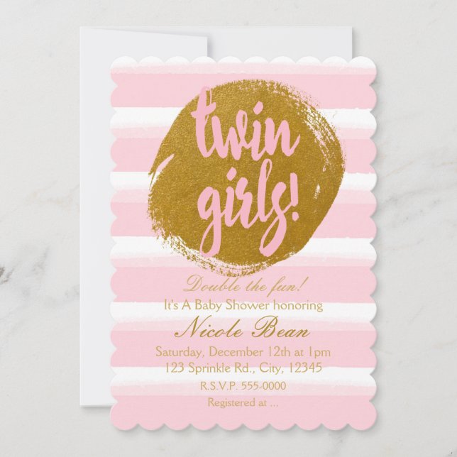 TWIN MÄDCHEN Rosa goldene Foil Aquarell Einladung (Vorderseite)
