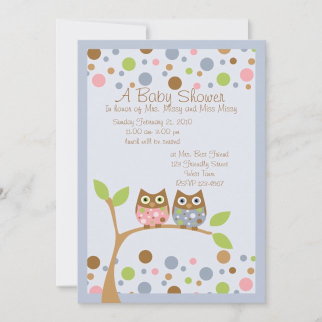 Twin Owl Baby Dusche Einladung (Vorderseite)