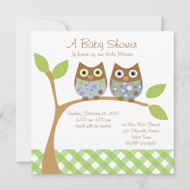 Twin Owl Baby Dusche Einladung (Vorderseite)