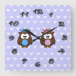 twin owl princess & prince quadratische wanduhr