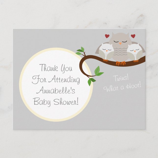 Twin Owls Baby Dusche Danke Postcard Postkarte (Vorderseite)