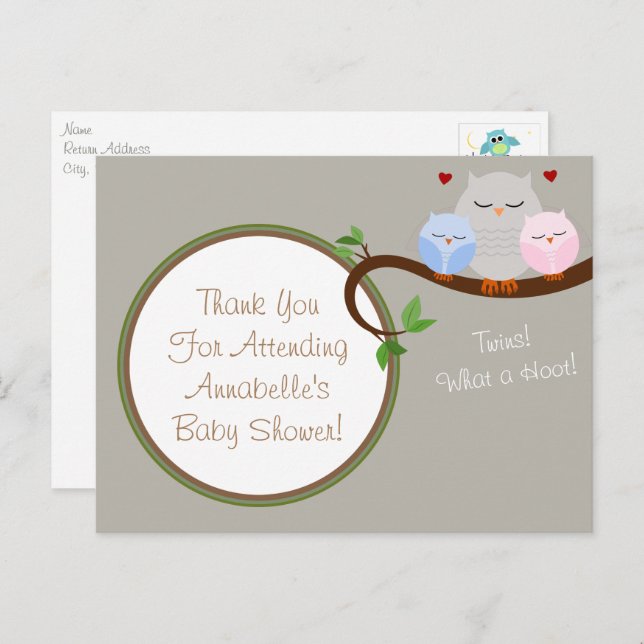 Twin Owls Boy & Girl Danke Postcard Postkarte (Vorne/Hinten)