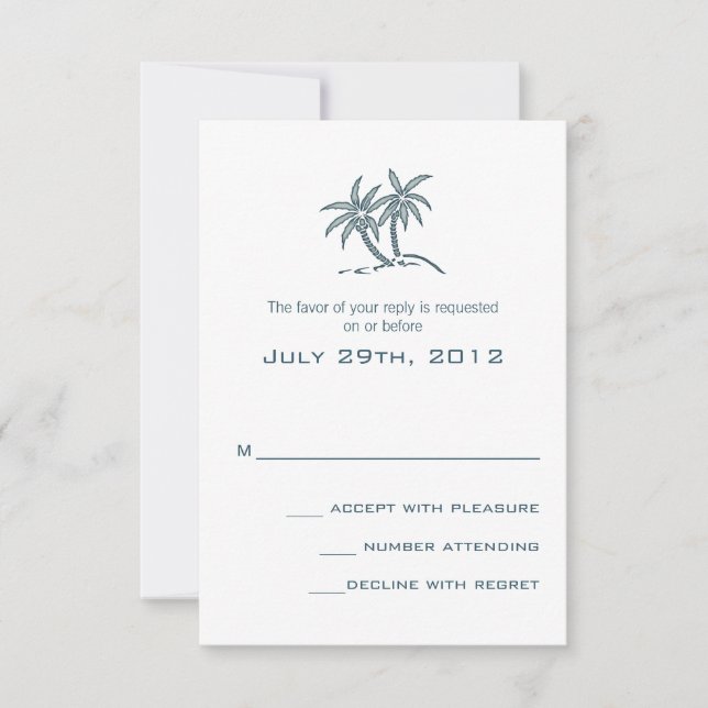 Twin Palm Trees Blue Tropical Beach Hochzeit RSVP Karte (Vorderseite)