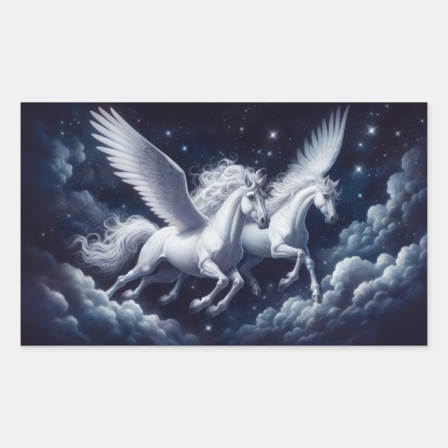 Twin Pegasus Flying durch den nächtlichen Himmel Rechteckiger Aufkleber (Vorderseite)