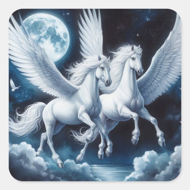 Twin Pegasus Flying mit dem Mond Hinter ihnen Quadratischer Aufkleber (Vorderseite)